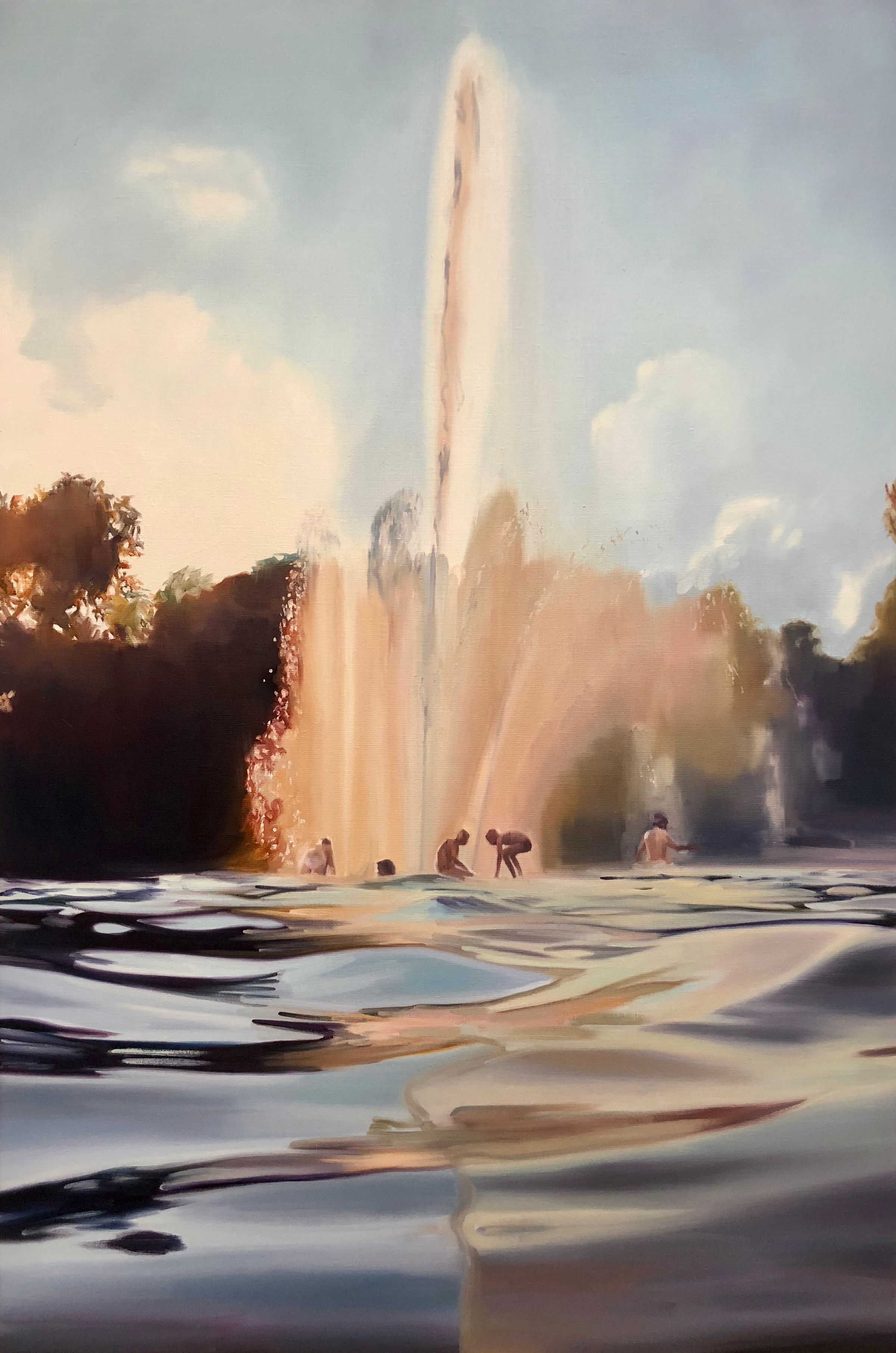Cameron Rudd, Weissensee, oil on canvas, 120 × 80 cm. Bathers gather around a tall fountain in a lake. Warm sunlight casts golden tones over the rippling water surface.